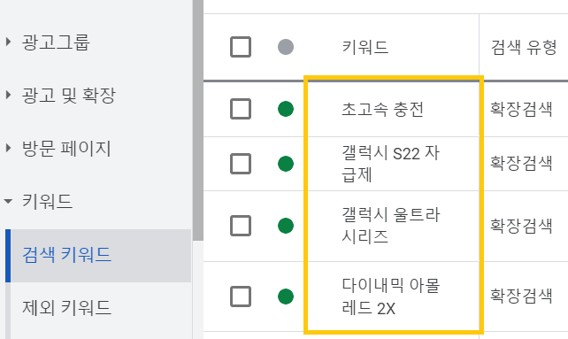 왼쪽은 광고 제목, 오른쪽은 키워드